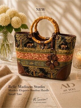 Vintage Y2K Tapestry Bamboo Handle Tote Monkey Jungle Bag Boho